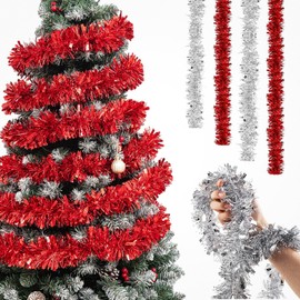 CaiTang Christmas Tinsel Garland, 2 m Tinsel Shiny Garland, Pack of 4 Metallic Tinsel Garland, Festive Christmas Tinsel for Christmas Tree, Christmas Party, Birthday Party, Red Silver