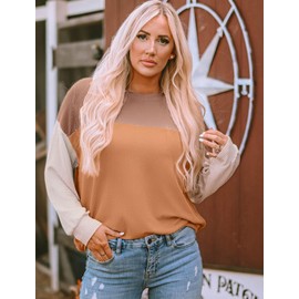 WIHOLL Fall Clothes For Women 2024 Long Sleeve Casual Shirts Work Ladies Waffle Striped Knit Tops Crewneck Sweatshirts Trendy Khaki L