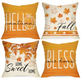Ussap Fall Maple Leaf Decorative Throw Pillow Covers 18 x 18 Set of 4, Hello Autumn Leaves Thanksgiving Cushion Case Decor, Bless Our Home Sweet Home Seasonal Farmhouse Decoration for Sofa Couch