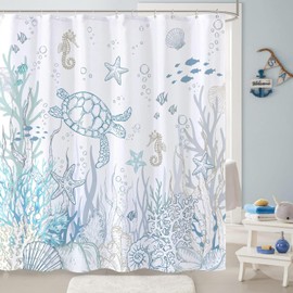 Nautical Coastal Turtle Shower Curtain, Coral Starfish Seashell Ocean Themed Bathroom Curtain, Underwater Seahorse Bathroom Decor Blue 72 x 72 inch