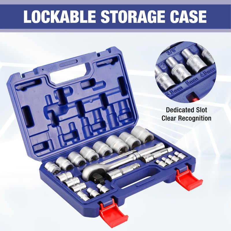 WORKPRO 22-Piece Socket Set with 3-in-1 Ratchet Handle, 1/4, 3/8,