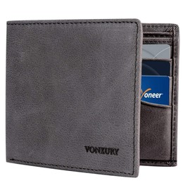 Mens Wallet, Genuine Leather RFID Blocking Bifold Credit Card Wallet with 9 Card Slots and 1 ID Windows VONXURY Grey