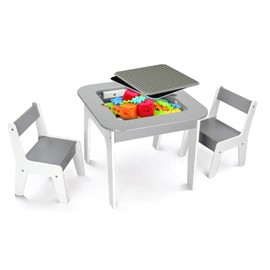 JOYMOR Toddler Table And Chair Set with Storage, 4-In-1 Tabletops Kids Table and Chairs for Crafts (Building-Blocks Board, Blackboard, Whiteboard), Wooden Activity Table for Toddlers Playing (Natural)