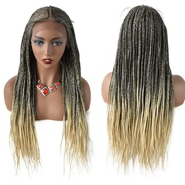 LYRICAL HAIR Braided Wigs for Black Women Hand Tied Swiss Lace Front Natural Looking Twist Micro Box Braids Wig with Baby Hair Kanekalon Synthetic Hair Wig(13X7",30 Inch,#1B/613T Black Blonde Ombre)
