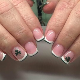 St. Patrick's Day Press on Nails Short Square SWEKKE French Tip Fake Nails False Nails with Shamrock Designs Green & White Glossy Glue on Nails Stick on Nails for Women Girls 24 Pcs