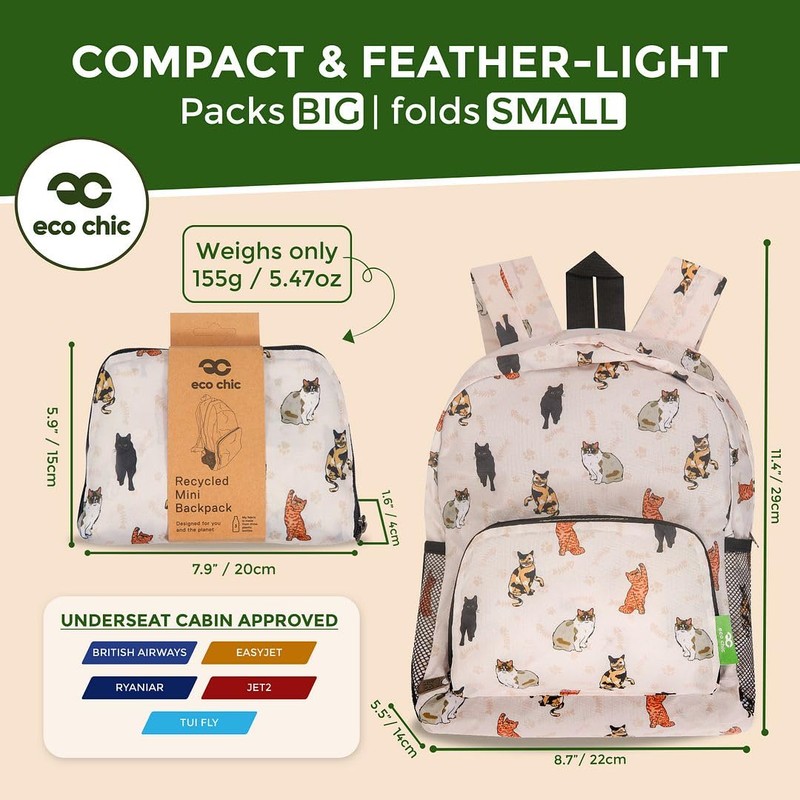 ECO CHIC Lightweight Foldable Water Resistant Mini Backpack Folds Into