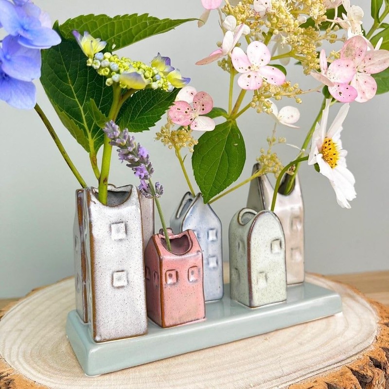 Mini Ceramic House Bud Vase Set | Rustic Glazed Posy