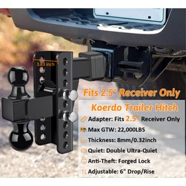 Adjustable Trailer Hitch -Drop Hitch-Tow Hitch with 2.5 inch Receiver-6inch Drop/Rise, 2" & 2-5/16" Ball Hitches for Trucks, 22,000 LBS GTW, Trailer Hitches with Anti-Theft Pin, Black…