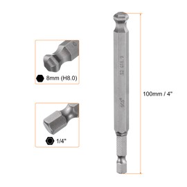 HARFINGTON 5pcs Ball End Hex Screwdriver Bit 8mm (H8.0) Tip 1/4" Hex Shank 100mm (4") Long Magnetic Ball Head Bits Industrial Grade S2 Steel Metric Screw Driver Bit
