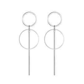 MALOYANVE Geometric Double Circle Hoop Earrings for Women Minimalist Gold Silver Plated Round Long Vertical Bar Dangle Drop Statement Earrings Jewelry (Silver)