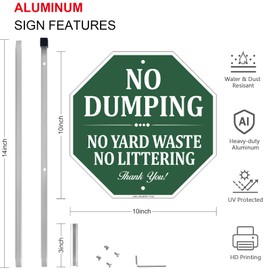 No Dumping No Yard Waste No Littering Sign, 10"W x 28"H All Aluminum No Dumping Sign With Stake, Outdoor Yard Use UV Protected & Waterproof, Easy to Install