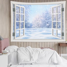 LB Winter Forest Tapestry, Christmas Pine Tree with Snowflake and White Window Wall Tapestry for Bedroom, Glitter Snow Scene Wall Hanging Tapestry Wall Art for Living Room Home Decor, 60W x 40L Inches