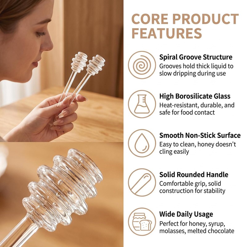 2 Pcs Clear Glass Honey Dipper Sticks