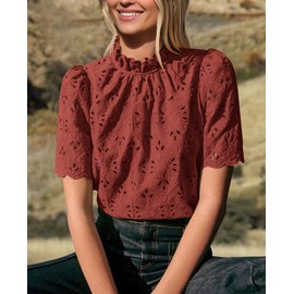 PRETTYGARDEN Summer Tops for Women 2025 Trendy Short Sleeve Eyelet Embroidered Dressy Casual Blouse Shirts (Brown Red,X-Large)