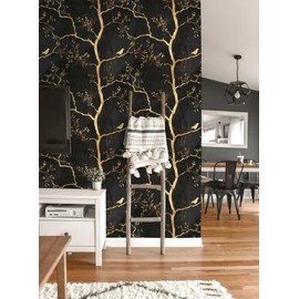 SuxiGlo Retro Chinoiserie Tree Peel and Stick Wallpaper, (Black and Gold) Elegant Oriental Pattern Wallpaper for Home Decor | 17.7" x 118", Self-Adhesive, Waterproof Vinyl