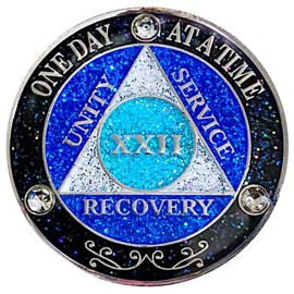 (Years 1-50) AA 22 Year Recovery Coin, Alcoholics Anonymous Medallion, Metal Coin, Silver Color Plated, Glitter and Crystals Metal Coin