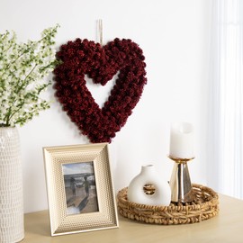 Northlight Pine Cone Rose Valentine's Day Wooden Heart Wreath - 14" - Red