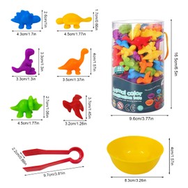 Rainbow Dinosaur Sorting Toy, YEESON 56 Pcs Counting Dinosaurs Toys Set, Dinosaur Counting Matching Game for Kids with Sorting Bowls and Tweezers Suitable for Toddlers and Preschoolers