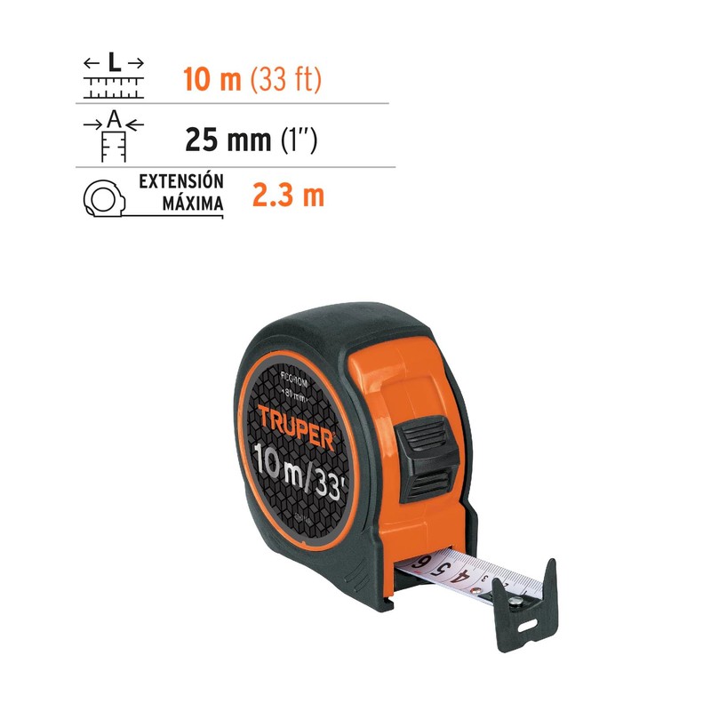 Truper FCG-10M Flexómetro compacto 10 m con grip cinta 25