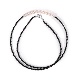 5A Grade Natural Freshwater Pearl Necklace with Black Spinel, 42CM 925 Sterling Silver Gold Plated, Elegant Round Pearl Jewelry for Women, Gift for Her