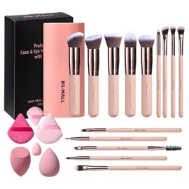 BS-MALL Brochas de maquillaje sintéticas de primera calidad, correctores de polvo, sombras de ojos, juego de 14 brochas de maquillaje, juego de brochas rosa, con estuche