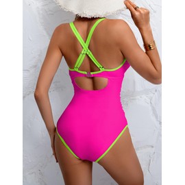B2prity Women's V Neck One Piece Swimsuit Tummy Control Slimming Bathing Suit Double Straps Crisscross Back Swimwear Hot Pink,neon Yellow