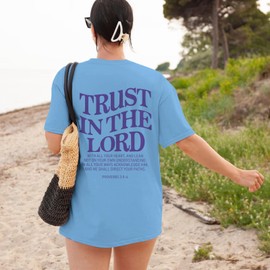 Tuislay Christian Shirts for Women Trust in The Lord Oversized Tshirts Jesus Graphic Tees Faith Religious Bible Verse Tops(Light Blue,XL)