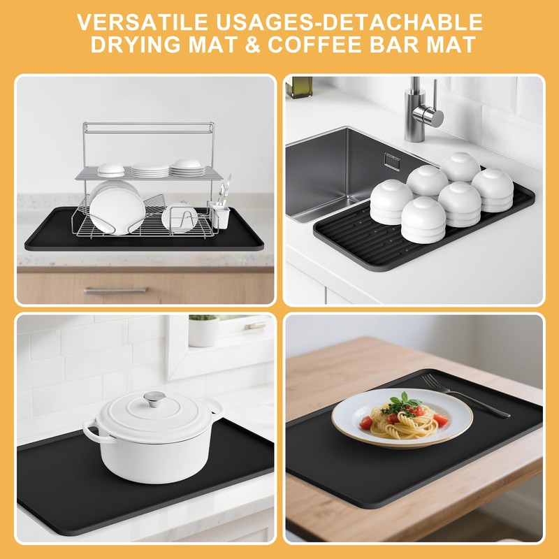 Coffee Mat, 2-in-1 Silicone Bar Mat with Detachable Dish Drying