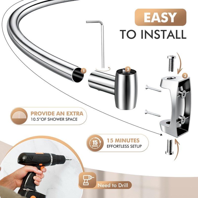 Bonpally Curved Shower Curtain Rod 40-72 Inches Adjustable, Aluminum Shower