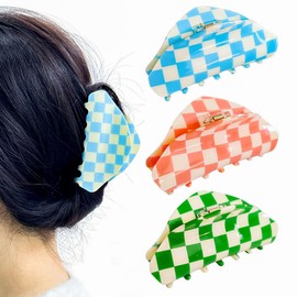3 - Pack Multicolored Checkered Hair Claw Clips Medium - Sized Clips for All Hair Types, from Thin to Thick. Adorable Hair Accessories for Women and Girls (Blue pink green)