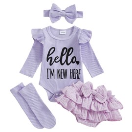 Ursobutegl Im New Here Newborn Baby Girl Outfit Ruffle Romper Tiered Tutu Dress Shorts Headband Socks Coming Home Clothes Set (Purple, 0-3 Months)