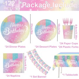 122Pcs Iridescent Diamond Birthday Party Decorations, Disposable Plates, Napkin, Fork, Cup, Tablecloth, Banner for Girls Birthday Iridescent Diamond Party Supplies Serves 24