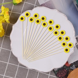100 Pcs Sunflower Cocktail Sticks 4.7 Inch, Fancy Toothpicks for Appetizers, Bamboo Long Sticks Fruit Skewers Sandwiches Desserts Food Toothpicks Decorative for Party Wedding Holiday