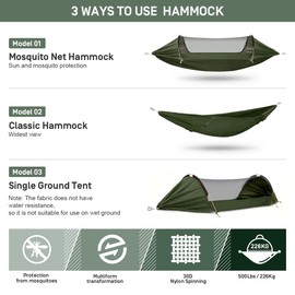 ETROL Camping Hammock with Mosquito Net,3 in 1 Function Parachute Portable Hammock,Double & Single Hammocks Tent for Travel Outdoor Indoor Hiking Patio - with Tree ​Straps,Carabiners,Aluminium Poles