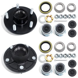 GREPSPUD 2 Sets 5 on 5'' Trailer Hub Kit for 3500 lbs 1-1/16'' to 1-3/8'' Tapered Axle #84 Spindle, Replacement 5x5'' Hub Trailer Wheel 5 Lug Bolt Idler Hub Kit with Extra Caps & Rubber Plugs