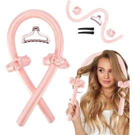 Rizador Pelo Sin Calor, Rulos Flexibles para Rizar Pelo Ondas, con Pinzas para el Cabello y Coletero, Kit de Herramientas de Peinado de Pelo de Seda Suave, Sin Daños, Sin Calor - Rosa