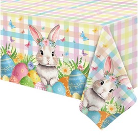 4 Pack Easter Bunny Tablecloth Spring Flowers Rabbit Table Cloth Buffalo Plaid Checkered Table Covers Spring Floral Decoration for Picnic Spring Easter Party Supplies 51 x 86in