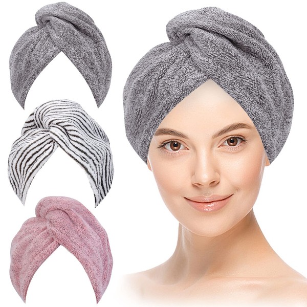 JEFFOUOO Pack of 3 Hair Turban Microfibre Turban Towel with Button, Super Absorbent Microfibre Hair Turban Quick Drying Turban Towels for Women Girls Long Thick Curly Hair