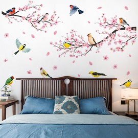 Arawat Wall Stickers & Murals Tree Wall Decals Peel and Stick Cherry Blossom Wall Stickers for Bedroom Living Room Bathroom Kitchen Flower Bird Tree Wall Decals Art Decor Boho Decorative Wall Stickers