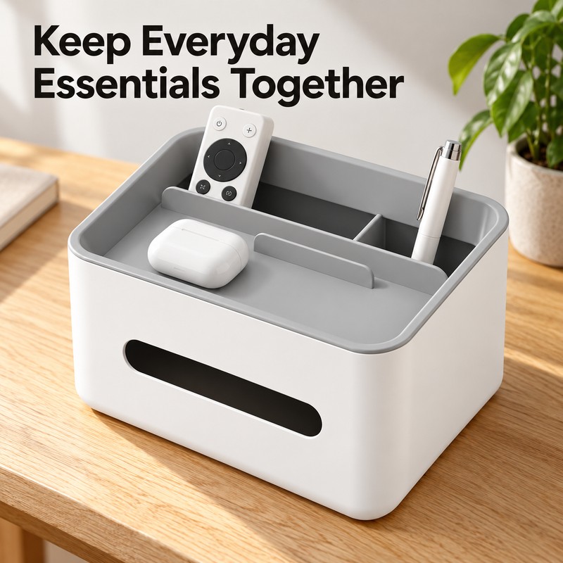 Multifunctional Tissue Box Holder – Plastic Desk Organizer with Remote