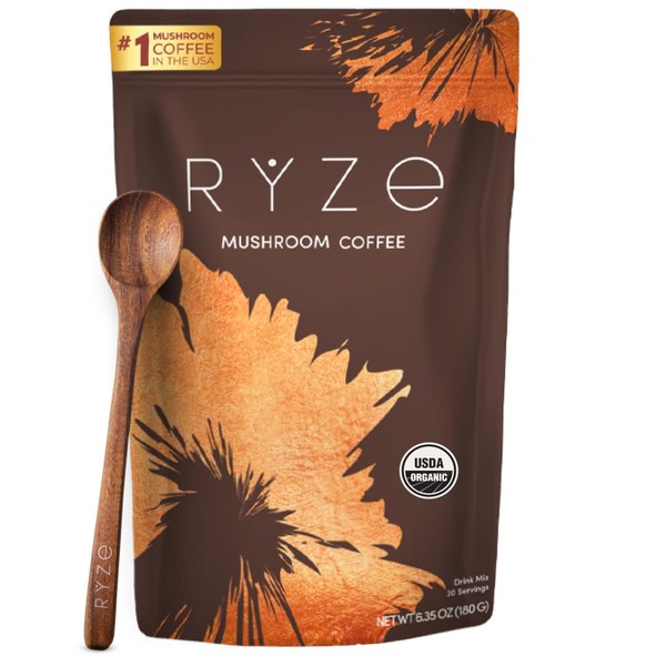RYZE SUPERFOODS Mushroom Coffee USDA Organic with 6 Adaptogenic Mushrooms