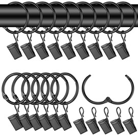 42 Pcs Curtain Rings with Clips, 32mm Metal Curtain Rings with Hooks, Curtain Hooks and Rings, Shower Rings with Clips, Curtain Pole Rings, Drapery Rings for Window Curtain Hanging Rings - Black