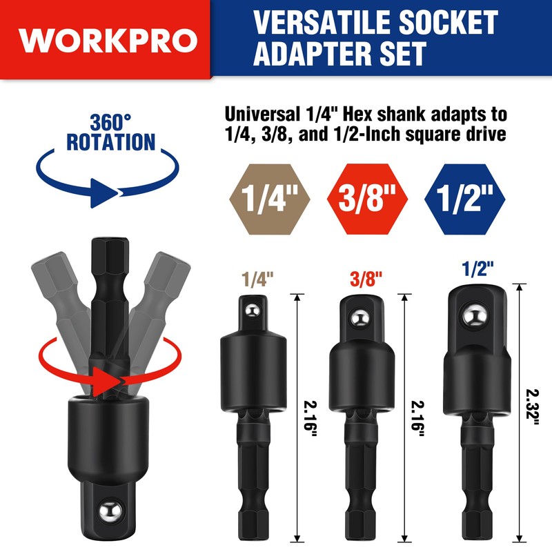 WORKPRO Impact Grade Socket Adapter Set (Basic/Swivel/Long), 1/4", 3/8", &