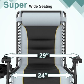 Slendor Oversized Padded Zero Gravity Chair, 29Inch XL Reclining Camping Lounge Chair with Large Cup Holder & Footrest, Reclining Patio Chairs, Folding Recliner Chair for Outdoor Indoor, Gray