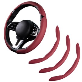 Car Steering Wheel Cover Nappa Leather Snap On 3Pcs Set Steering Wheel Wrap Non-Slip Protector Steering Wheel Accessories 14-15 inch Universal Wine Red