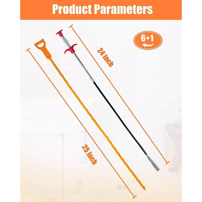 LONGGUI 25Inch Hair Drain Clog Remover Tool(6Pcs), 24Inch Drain Cleaner