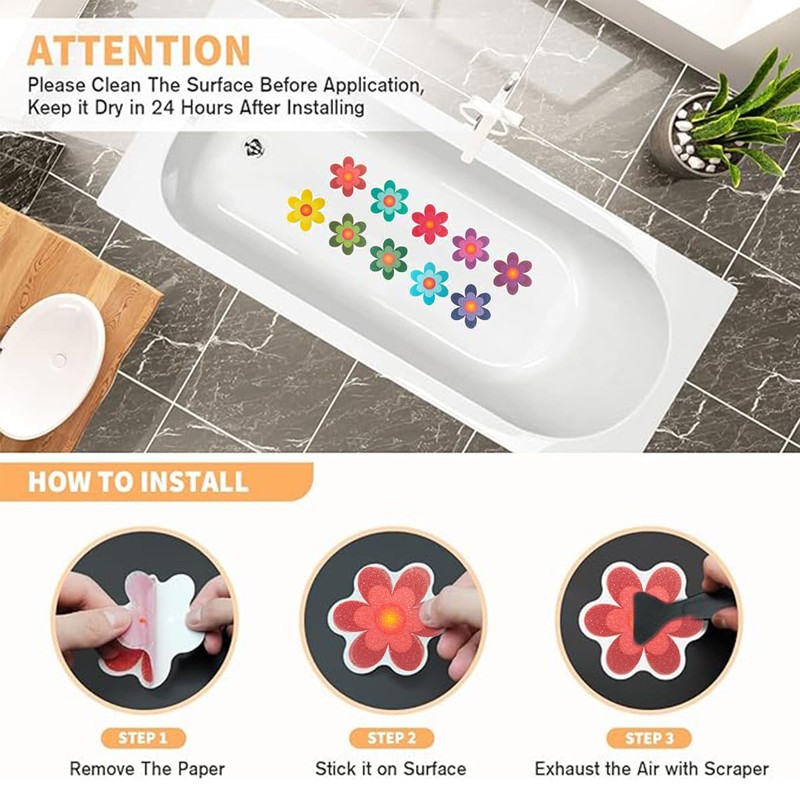 Non-Slip Bathtub Stickers, Floral Design, 10-Pack with Application Scraper (10)