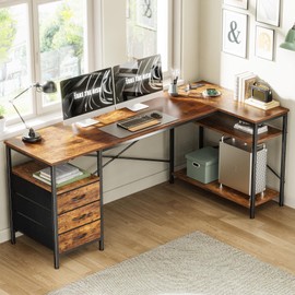 Huuger L Shaped Desk with Power Outlets, 63 Inch Reversible Computer Desk with 3 Drawers and Shelves, Home Office Table for Corner Work Study Writing Gaming, Rustic Brown