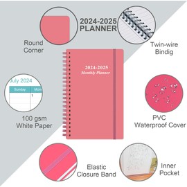 2024-2025 Monthly Planner - July 2024 - December 2025, Two Pages Per Month, 18 Monthly Calendar/Planner with Tabs, Strong Twin-Wire Binding, Inner Pocket, 3.75" x 6.5", Pink