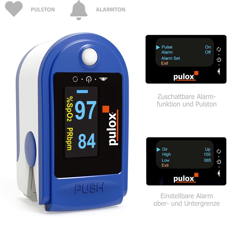 Pulse oximeter PULOX PO-200A with switchable alarm function and pulse